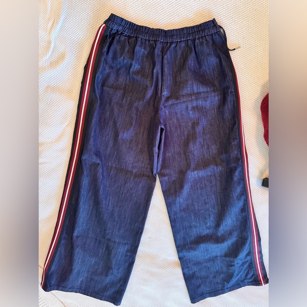 ZARA Blue Denim Wide Leg Drawstring Pull-on Pants w Red Side Stripe - Picture 5 of 9